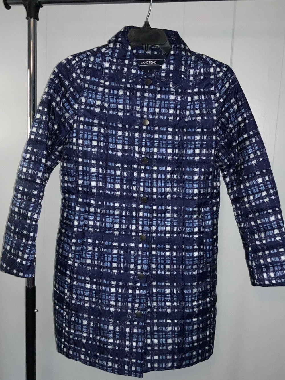 Lands End Navy Blue White Plaid Long Coat Primaloft Sz 6